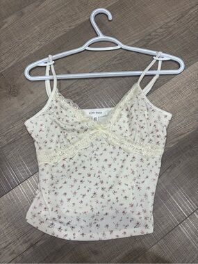 Pink Rose Cream Cami with Pink Floral Print and Lace Trim
